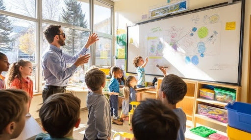 a teacher teaching kids in a class